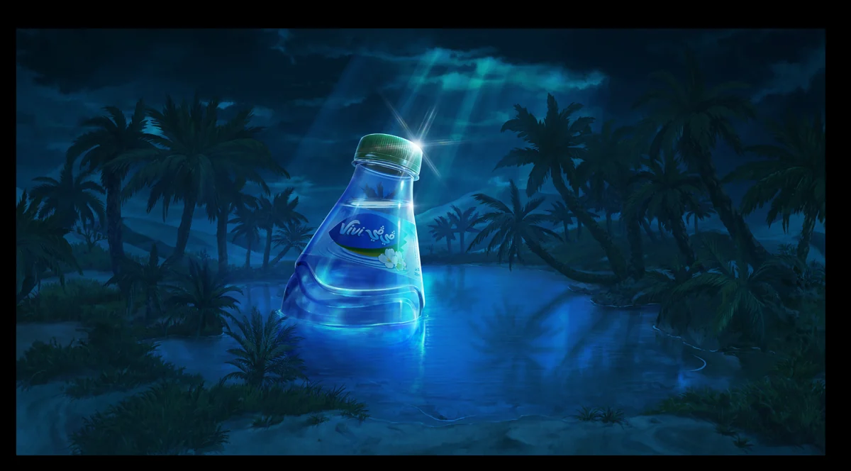 Vivi water bottle surrounded by blue water and palm silhouettes